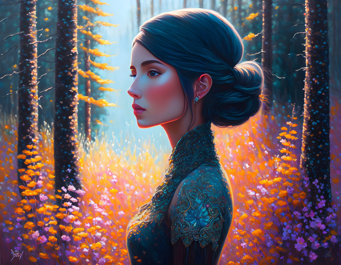 Digital artwork of woman with elegant updo in vibrant enchanted forest