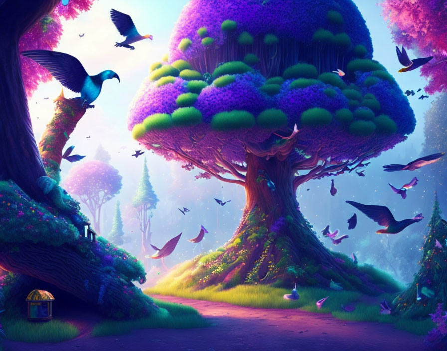 Colorful Fantasy Forest with Glowing Treasure Chest & Birds