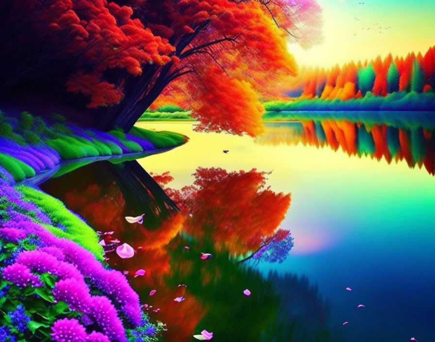 Scenic autumn landscape with colorful trees, lake, and purple flowers