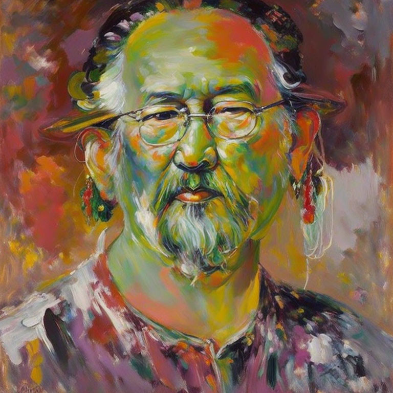 Vibrant portrait of elderly Asian person with mustache, glasses, and earrings