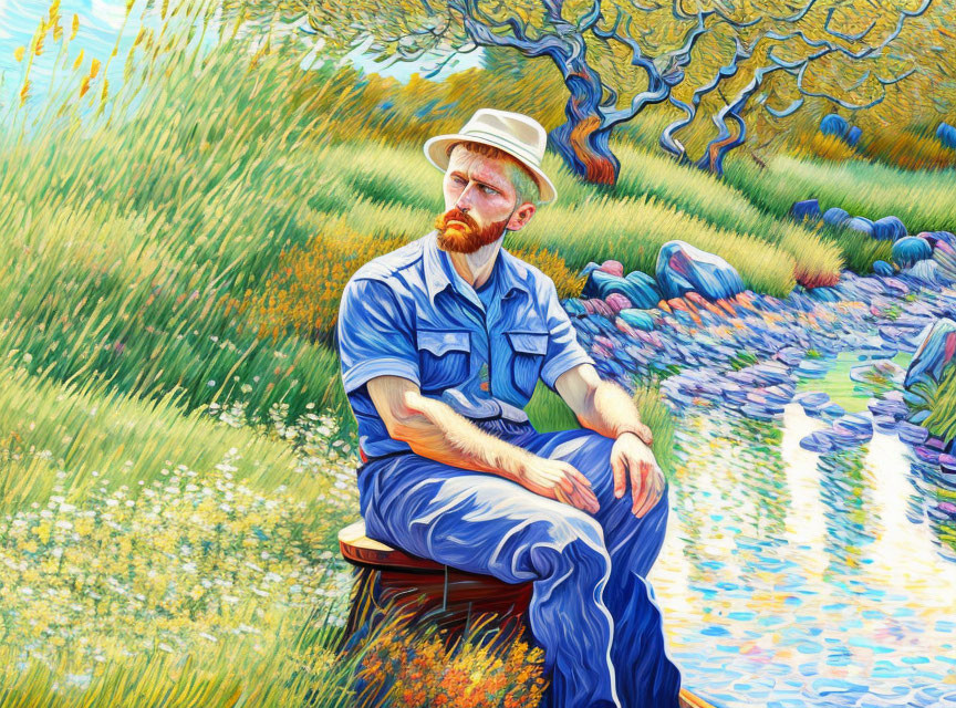 Stylized painting of bearded man in straw hat by colorful countryside stream