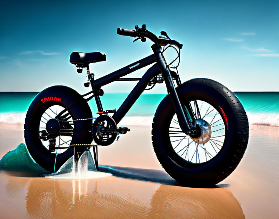 Fat Tire Bike on Sandy Beach with Waves and Blue Sky