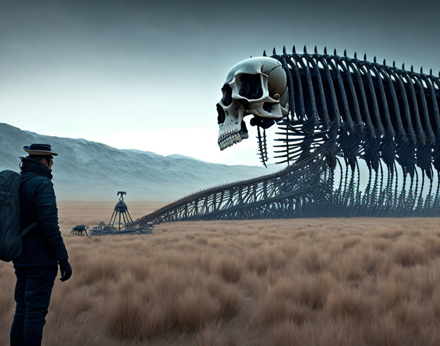 Backpacker observing skull-headed structure in field with tripod device