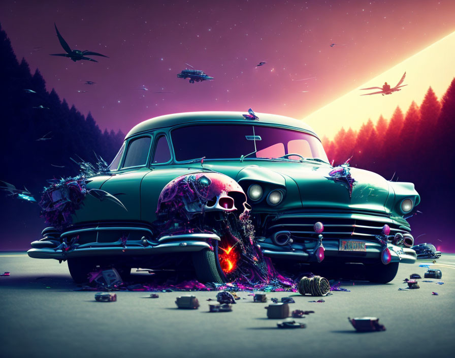 Vintage car in surreal setting with skulls, flying objects, and comet in purple sky