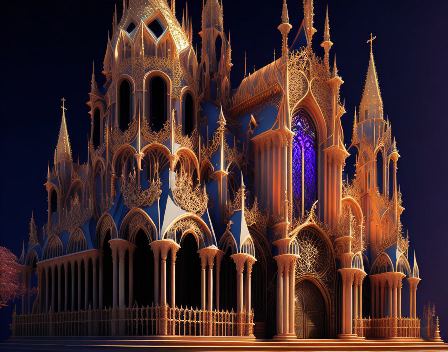 Digital Art: Intricate Gothic Cathedral Against Night Sky