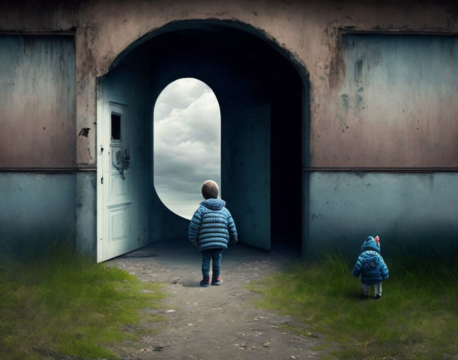 Children standing in front of keyhole-shaped doorway under cloudy sky