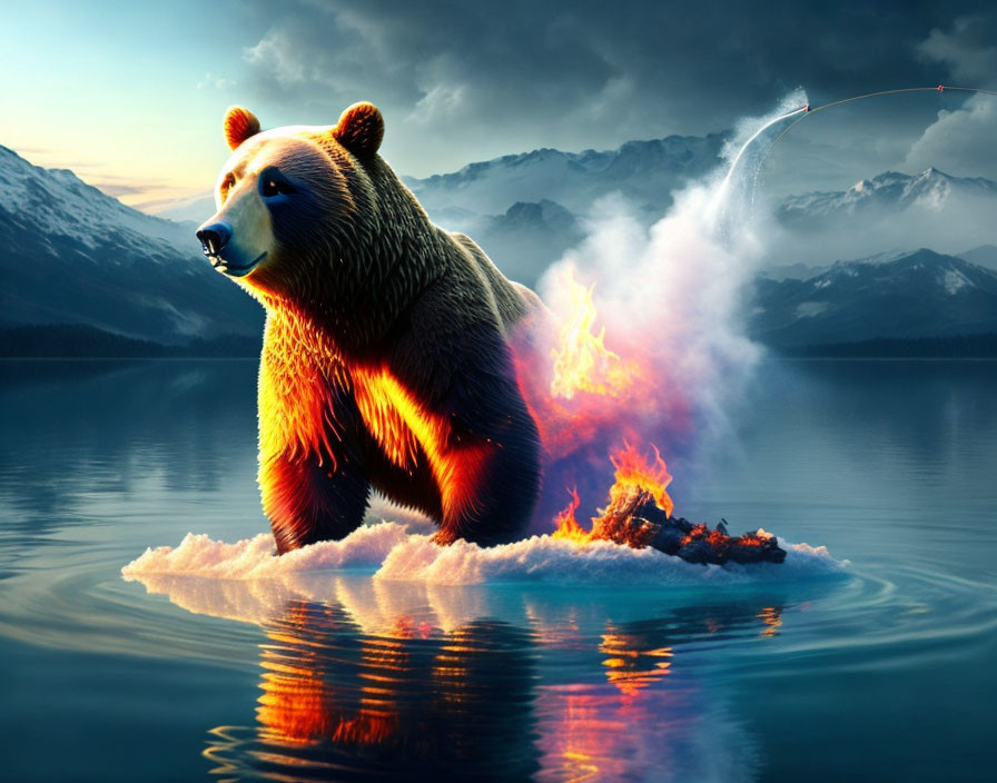 Bear on iceberg with flaming body fishes in serene lake with misty mountains