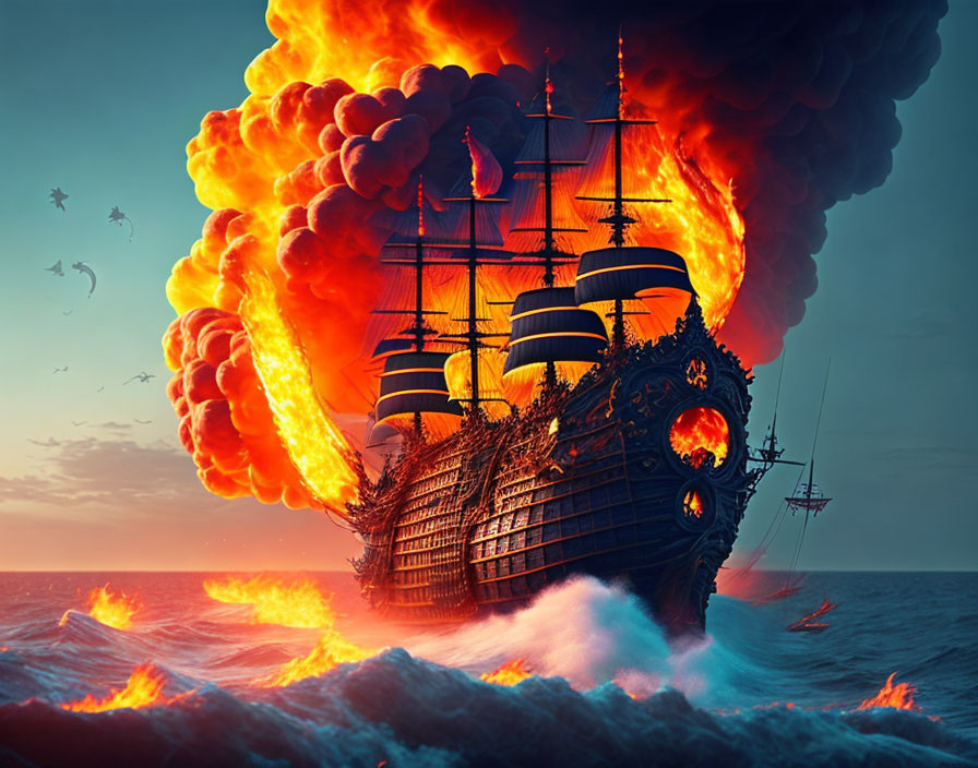 Burning sailing ship at sea during sunset