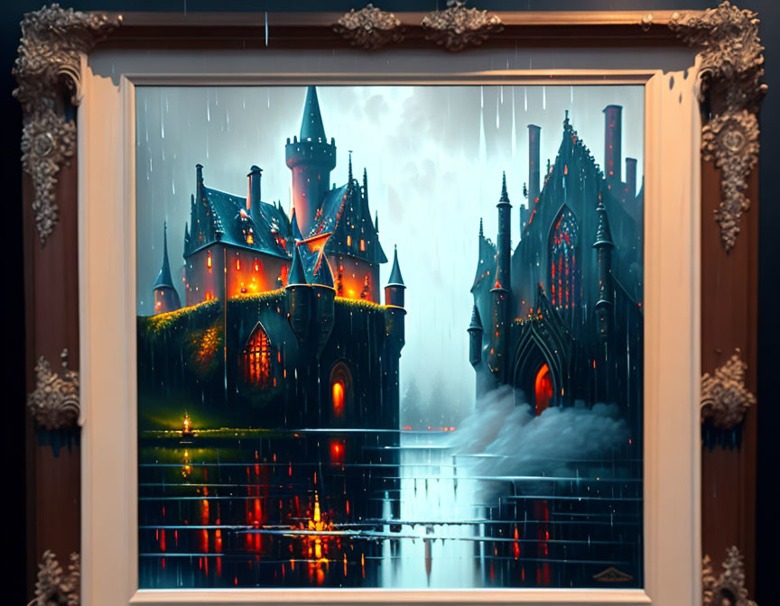 Mystical castle illuminated at night through rain-splattered window