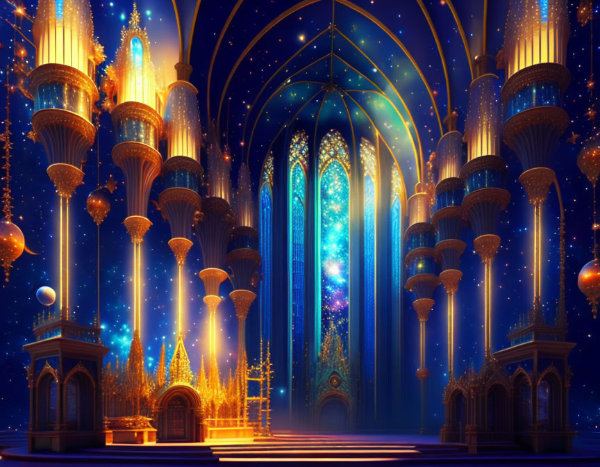 Fantasy palace interior with golden accents and star-filled backdrop