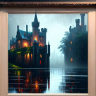 Mystical castle illuminated at night through rain-splattered window