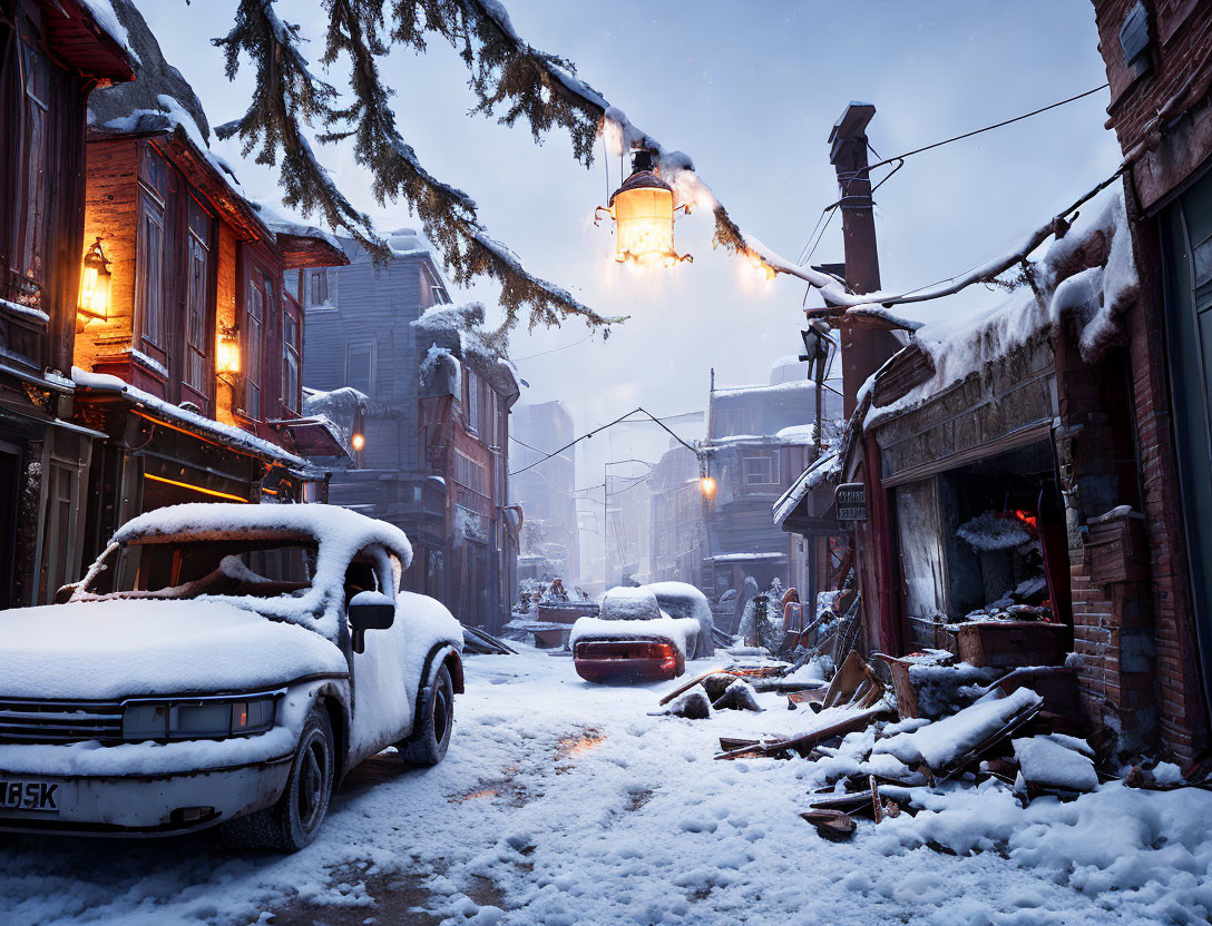 Snow-Covered Street with Abandoned Cars and Lantern in Post-Apocalyptic Scene