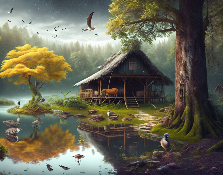 Tranquil lakeside landscape with thatched hut, horse, ducks, and misty forest