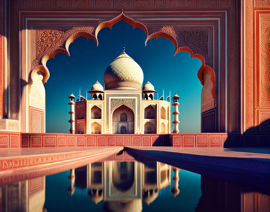 Iconic Taj Mahal Reflection in Red Sandstone Arches