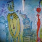 Figure in Yellow and Blue Robes with Cat in Dreamlike Setting