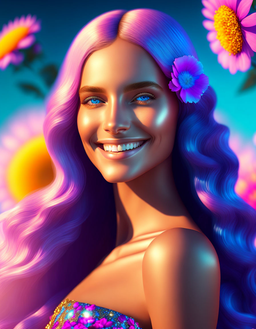 Digital artwork featuring woman with radiant skin, purple wavy hair, flowers, sunset backdrop