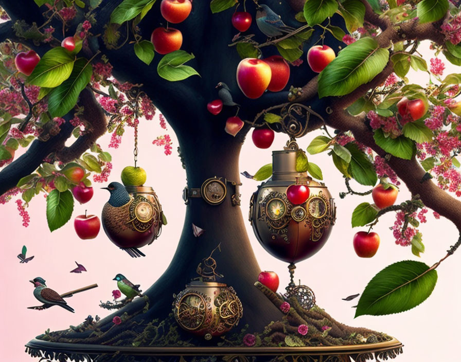 Whimsical tree with ripe apples and cherry blossoms, steampunk birdhouses, birds in