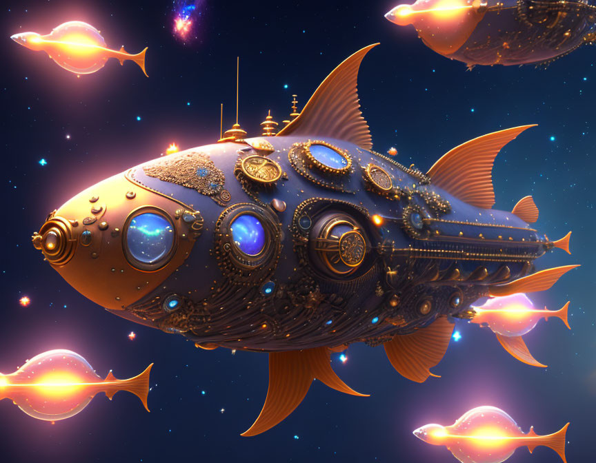 Steampunk-style submarine among glowing orange fish in vibrant underwater scene