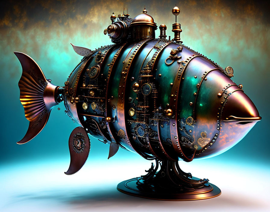 Steampunk-style fish sculpture with metal gears and pipes on blue-orange gradient.