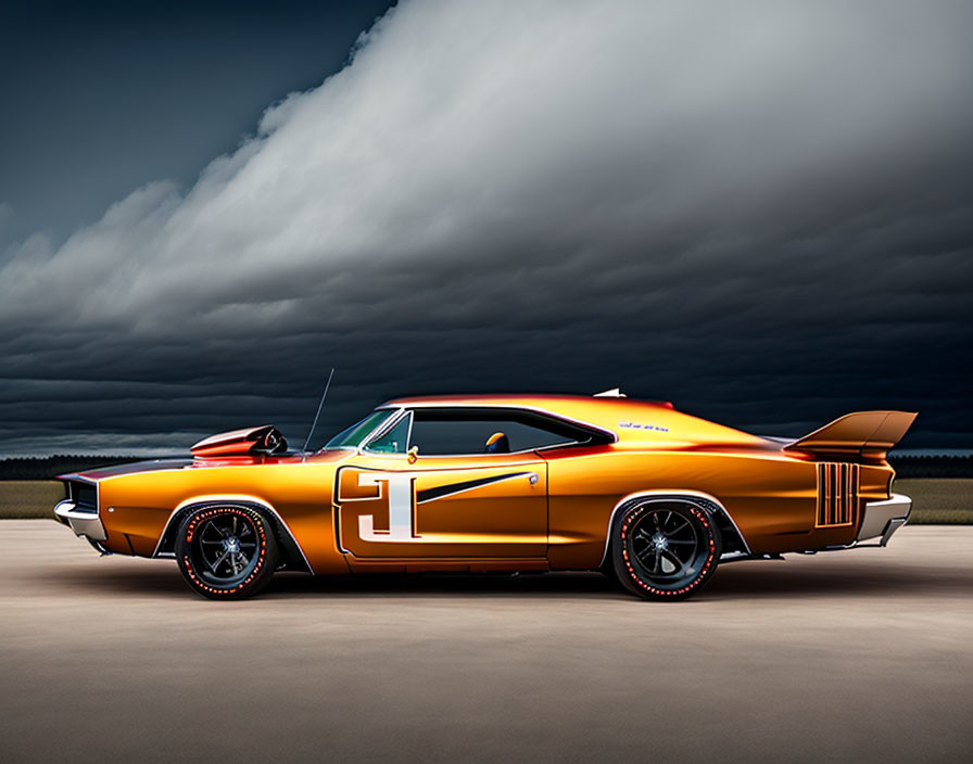 Vintage orange muscle car with black stripes and custom wheels under stormy sky