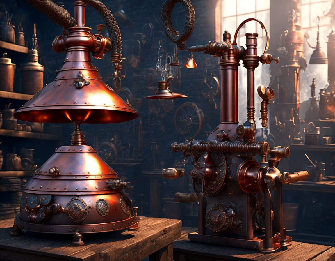 Steampunk workshop with intricate machines and copper pots