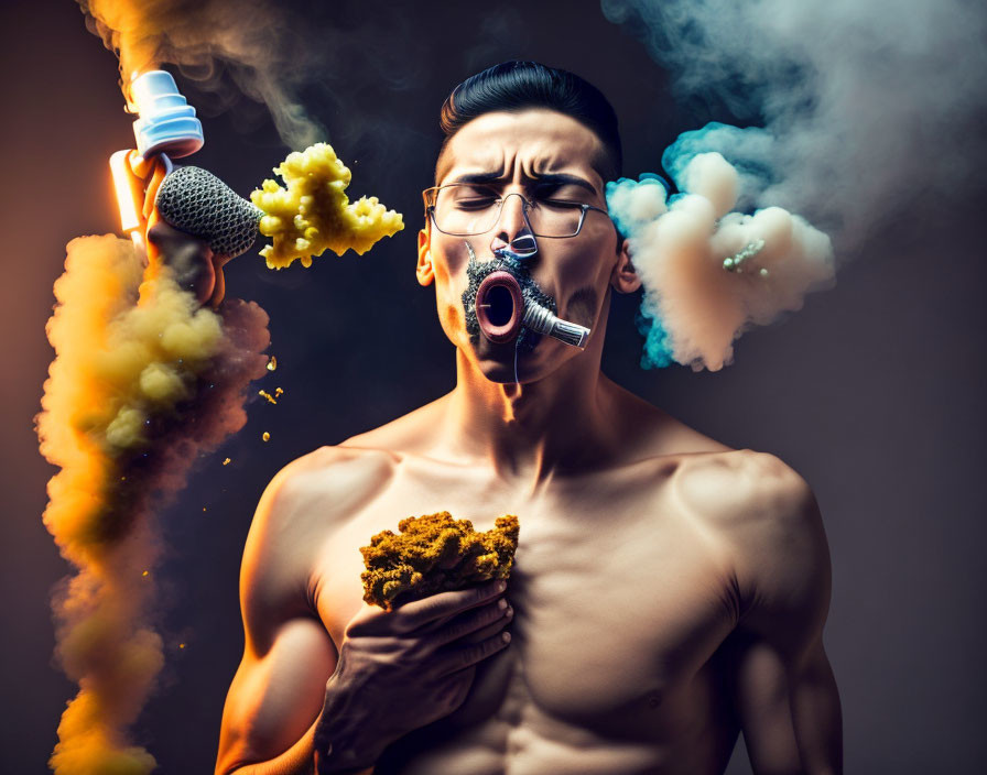 Shirtless man with objects in mouth and colorful smoke on dark background