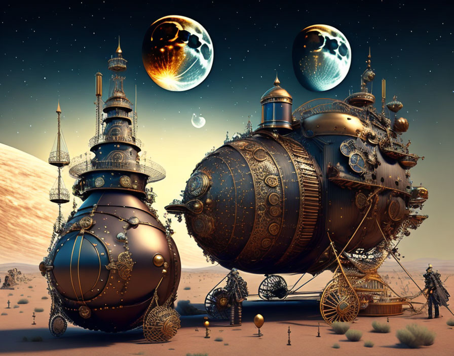 Steampunk locomotive on desert sands under multiple moons and planets