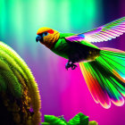 Colorful Bird in Transparent Bubble with Neon Backgrounds