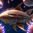 Steampunk-style submarine among glowing orange fish in vibrant underwater scene