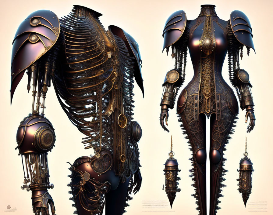 Steampunk-themed ornate robotic humanoid figures with intricate mechanical details