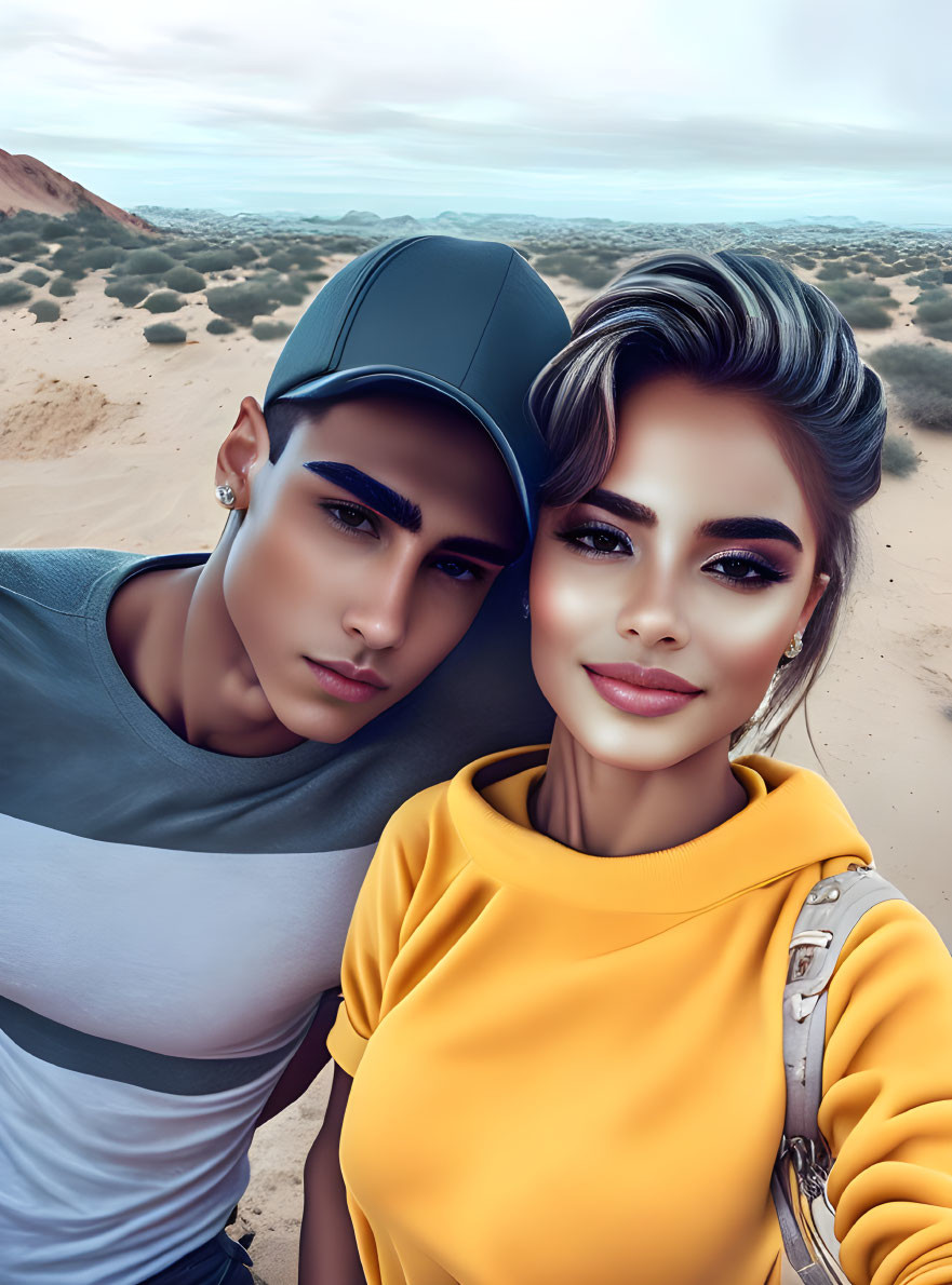 Stylish young couple in desert landscape with cap and yellow top