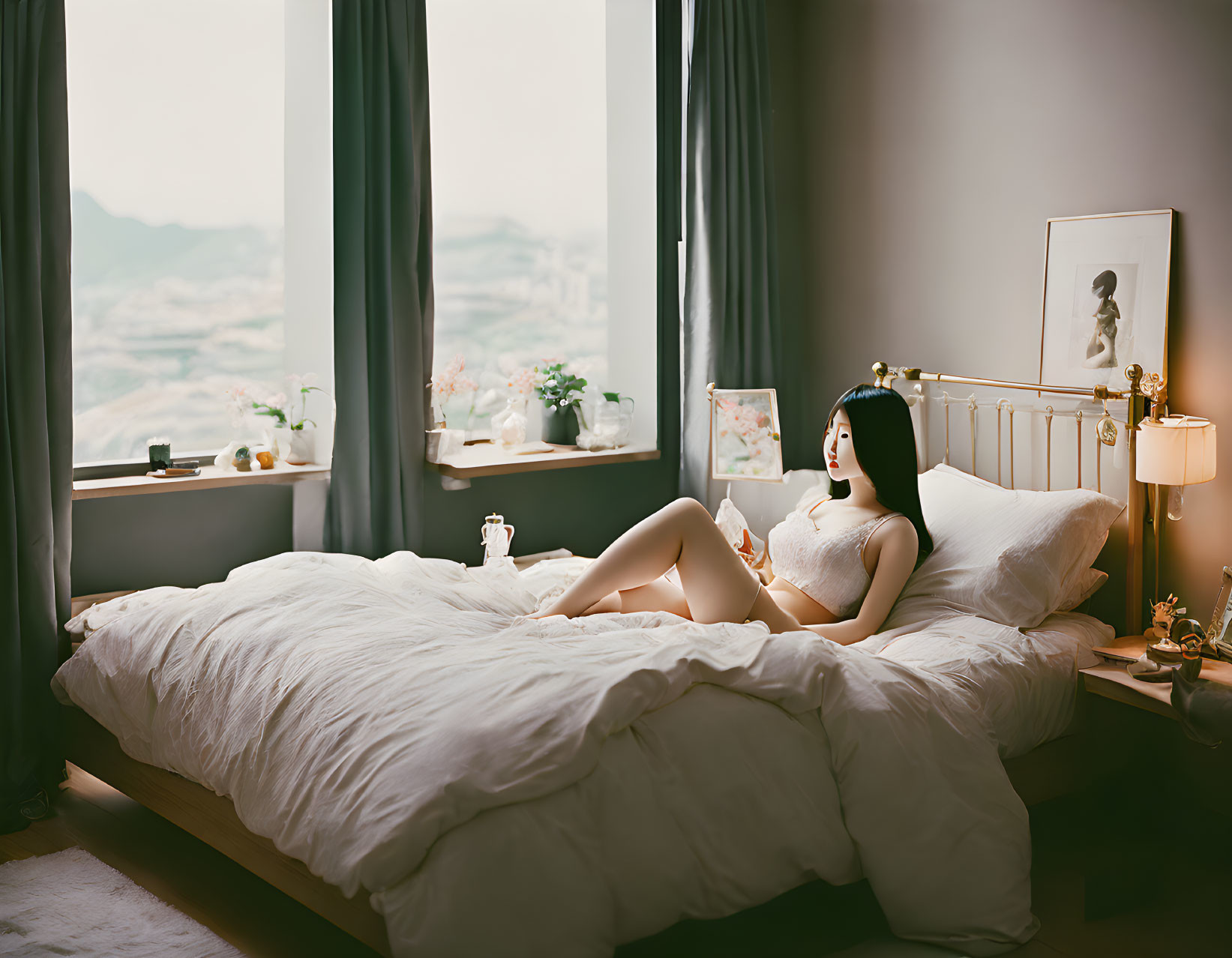 Person reclining on bed in room with serene atmosphere and artistic decor