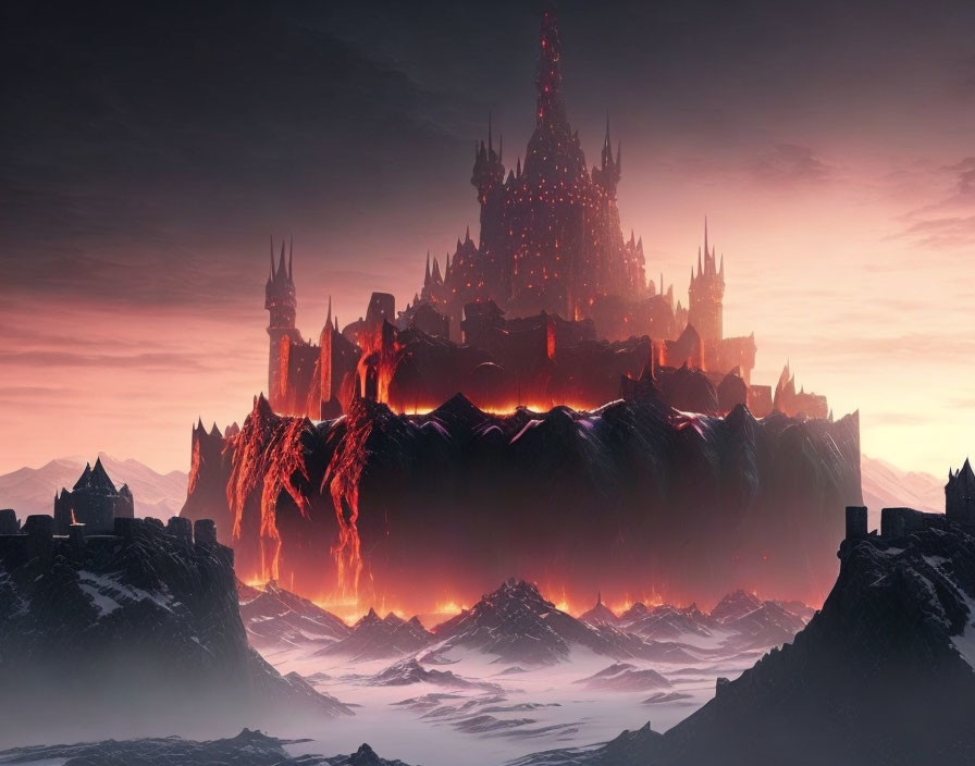 Fantasy castle on dark cliff surrounded by lava