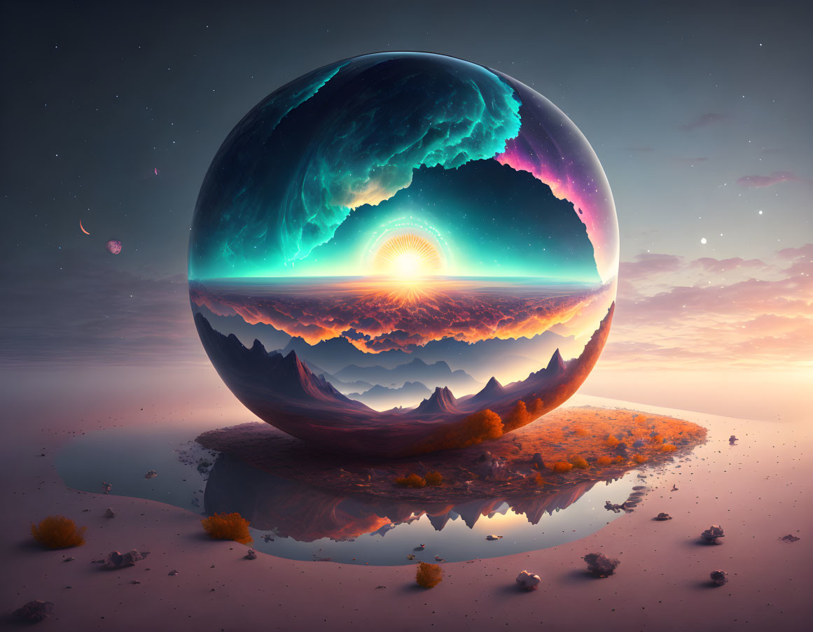 Spherical layered terrain with mountains and radiant sunset over calm waters