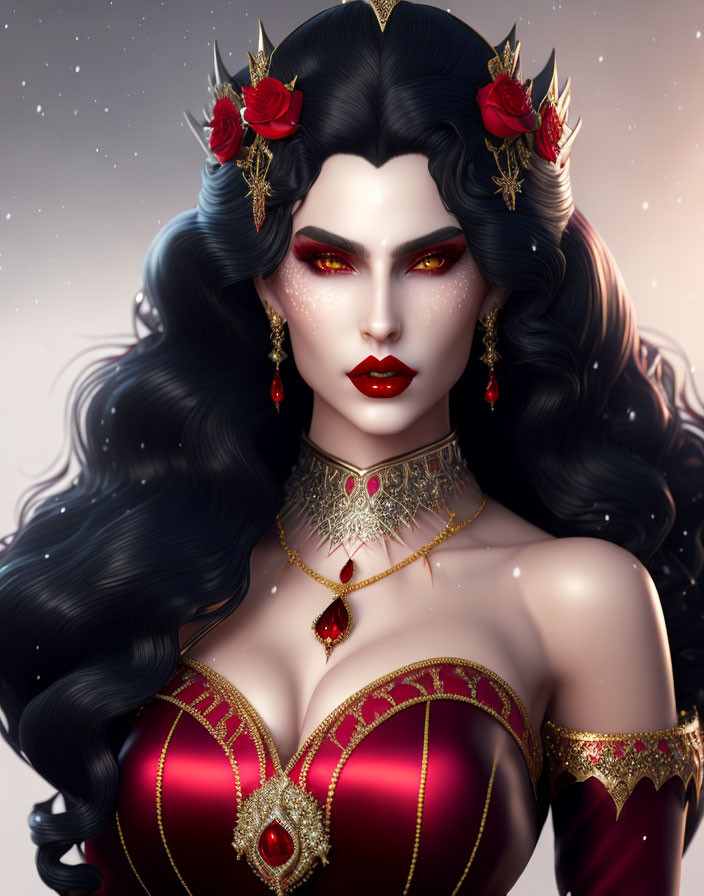 Illustrated female character with pale skin, red eyes, black hair, red roses, gold crown,