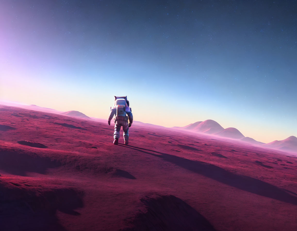 Astronaut on Dusty Red Alien Landscape with Mountains