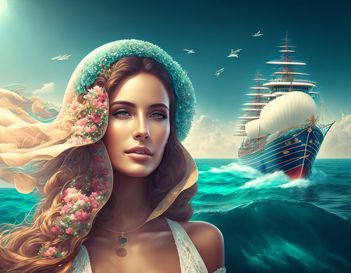 Surreal portrait of woman with flowing hair and ocean scene.