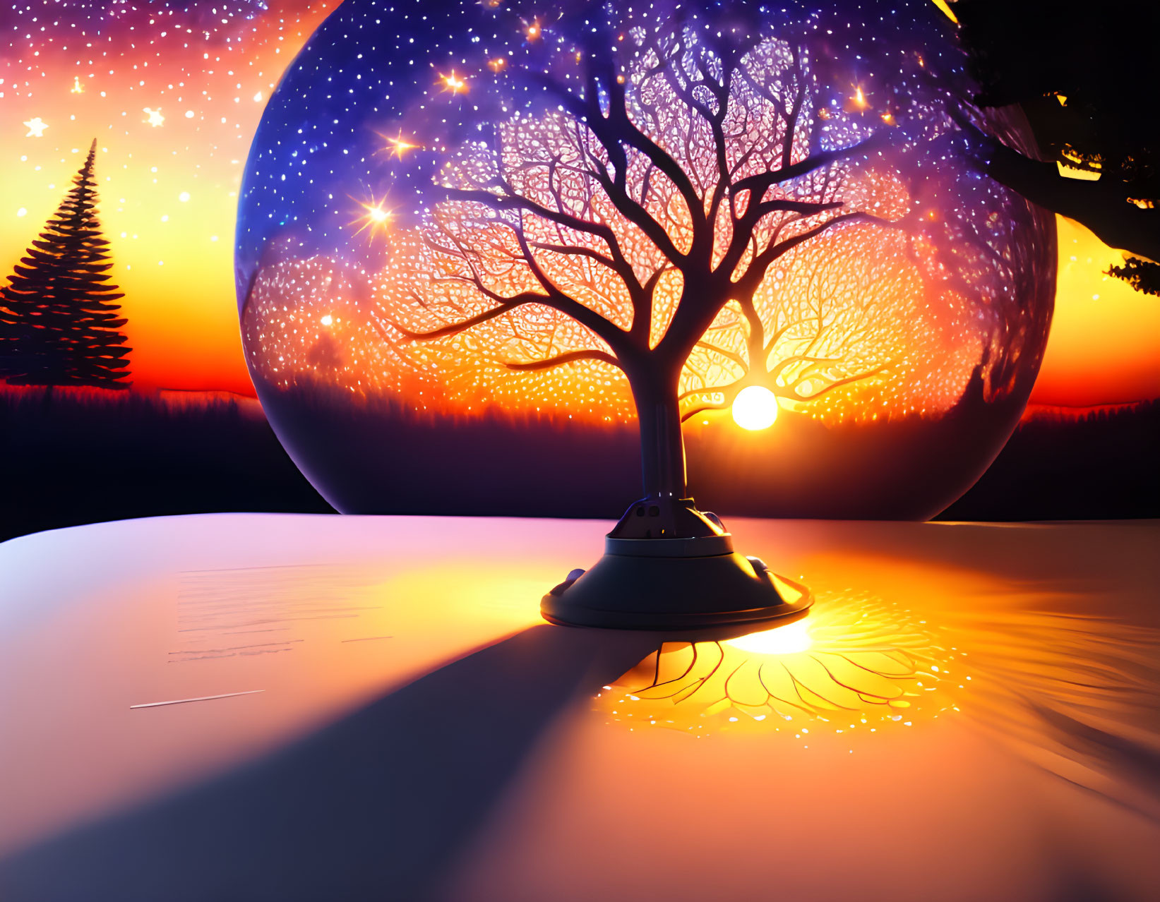 Surreal landscape with cosmic tree, sunset, shadows, smooth surface, and UFO