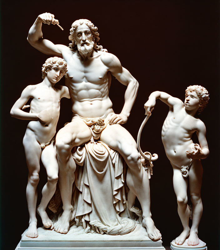 Marble sculpture of seated man with two children on dark background