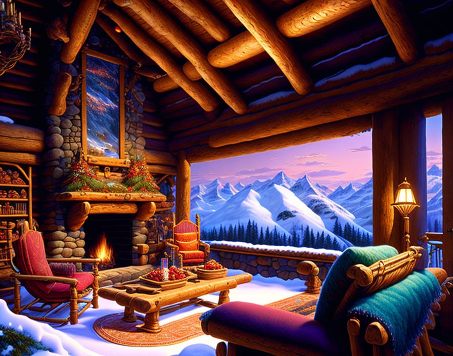 Cozy Log Cabin Interior with Fireplace, Mountain View, and Festive Decor