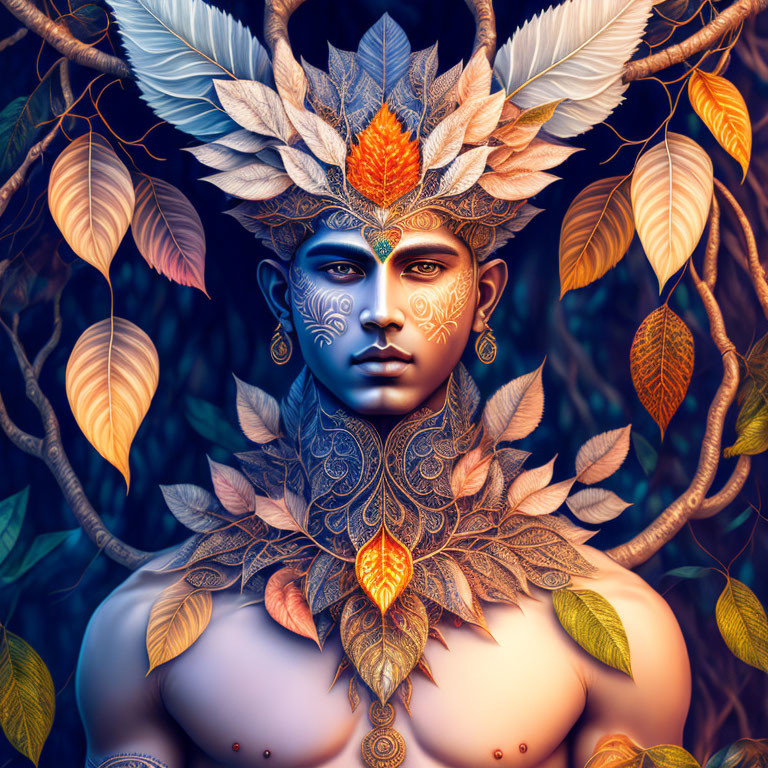 Blue-skinned mystical figure with tribal markings and leafy headdress