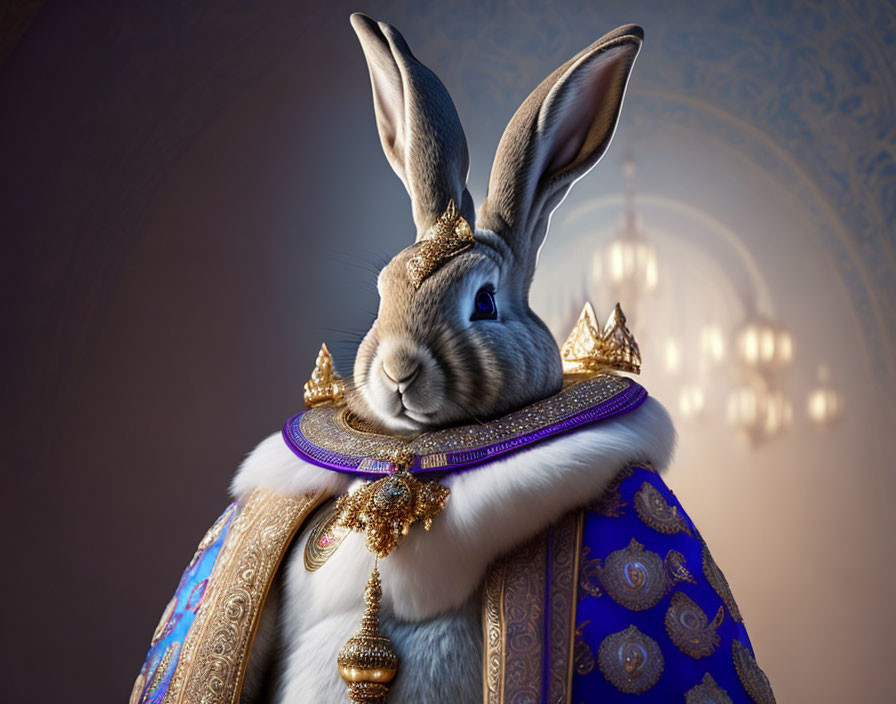 Regal anthropomorphic rabbit in gold and purple attire with blue eyes