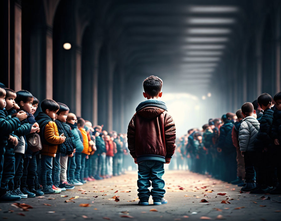 Child in Tunnel-Like Corridor with Infinite Rows of Children