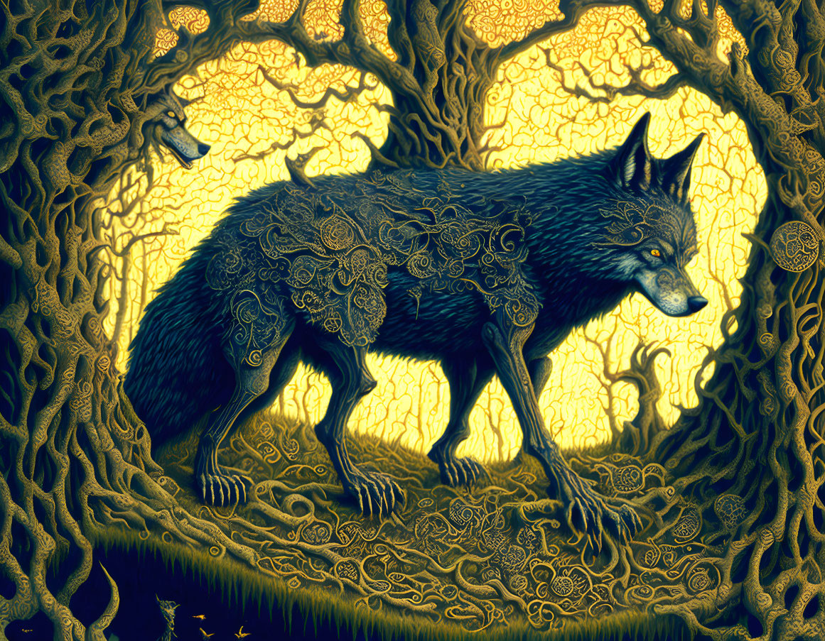 Intricate Wolf Art with Golden Tree Branches