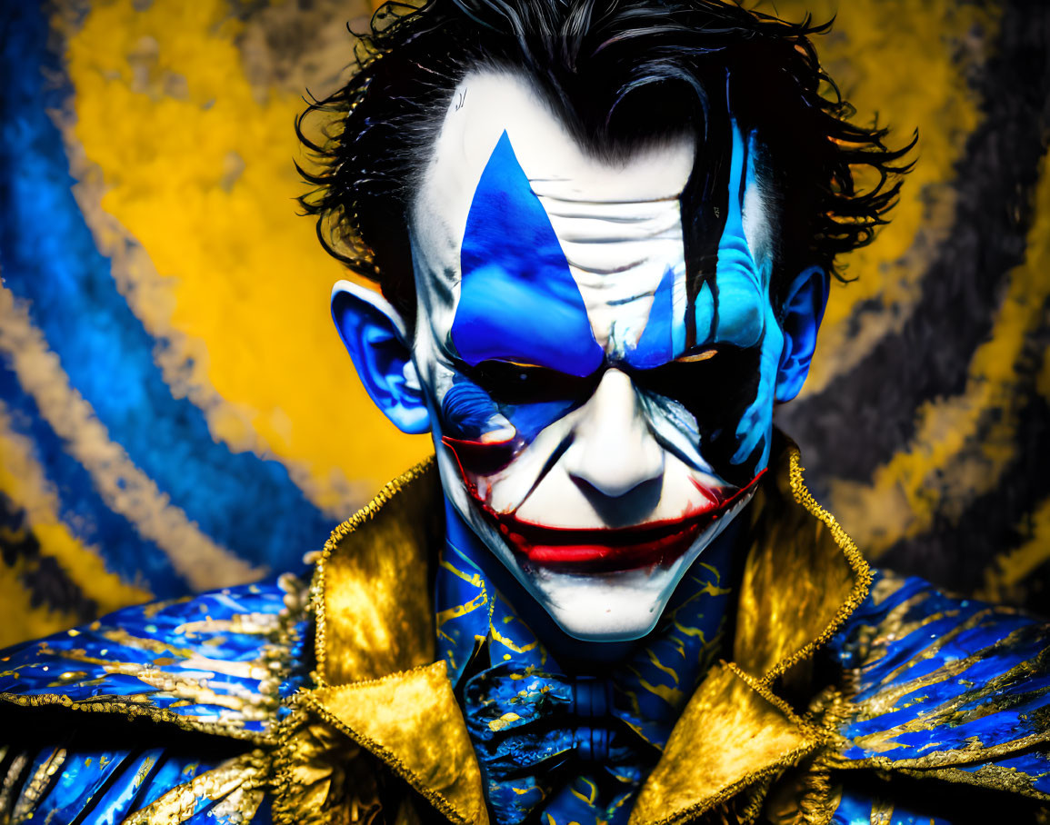 Clown face paint in blue and white with red accents, vibrant jacket, yellow and blue background