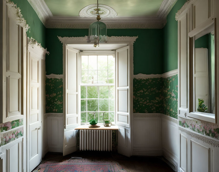 Vintage Room with Green Walls, Floral Wallpaper, Window Seat, Pendant Light, and Oriental Rug