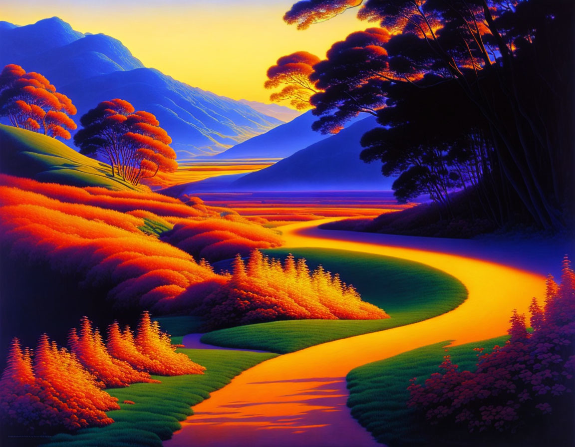 Colorful surreal landscape with winding river, lush foliage, and mountain backdrop