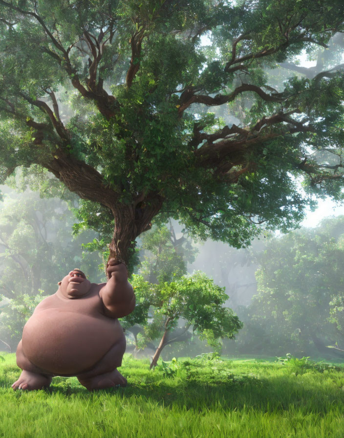 Animated character leaning on tree in lush forest setting