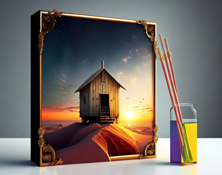 Surreal framed image: Wooden hut on desert dunes with sunset, starry sky, glass