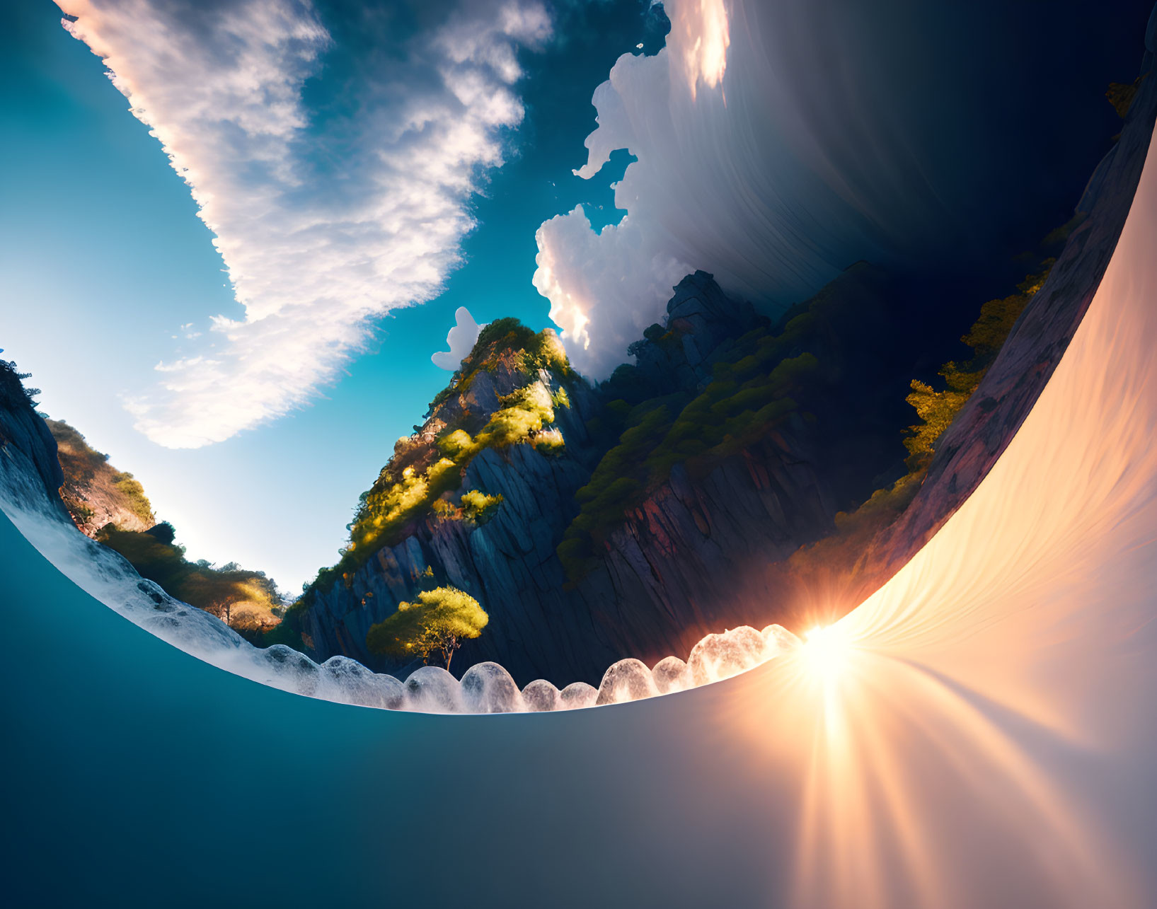 Surreal circular landscape with inverted sun and cliffs